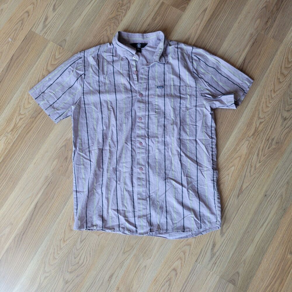 Volcom Warbler Men's Short Sleeve Button Down Striped Shirt Purple Nirvana M/L